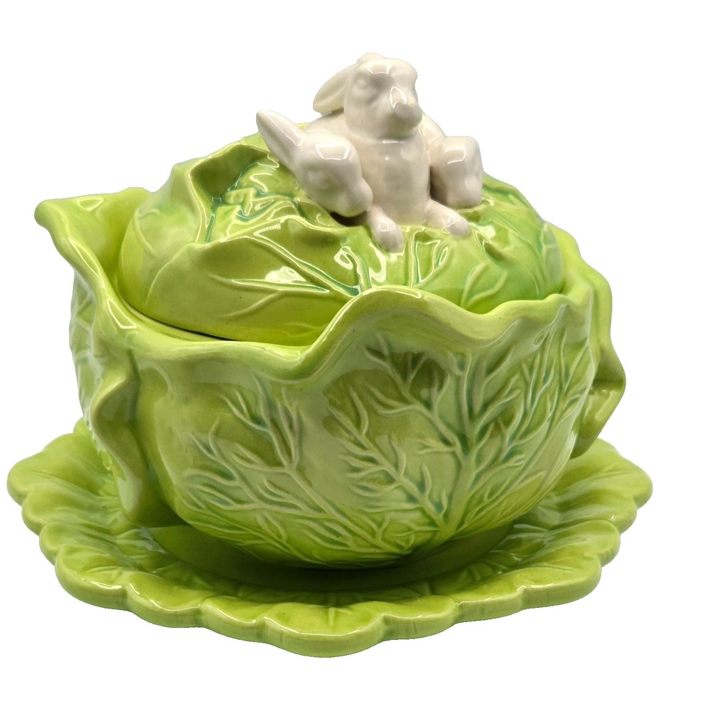 Vintage Holland Mold Ceramic Cabbage Bowl with Lid and Plate With 3 Bunnies